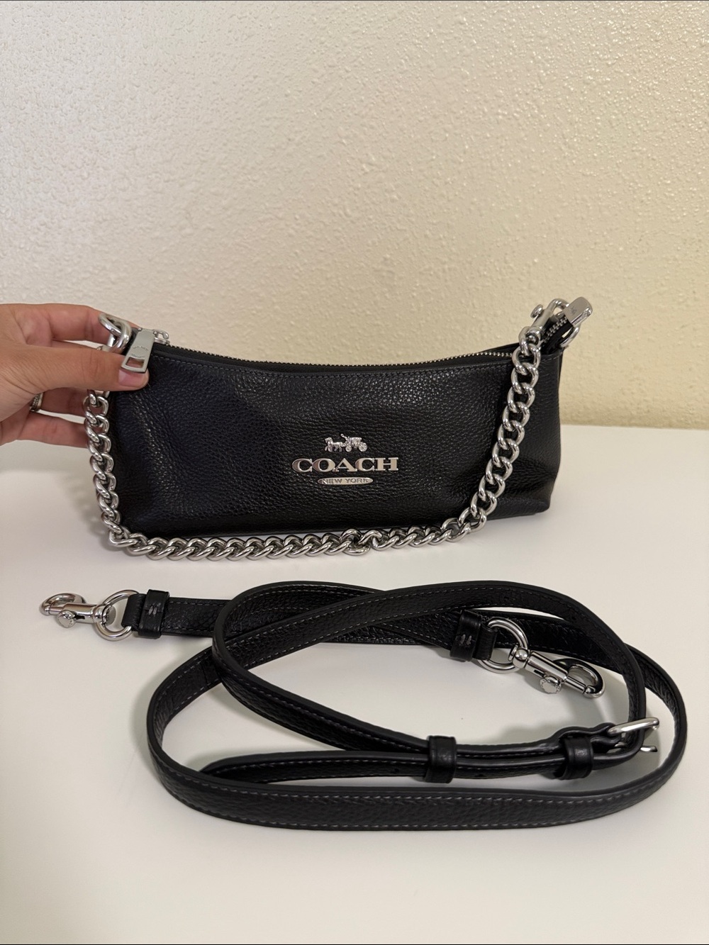 Coach Black Pebbled Leather Mini Shoulder Bag with Silver Chain